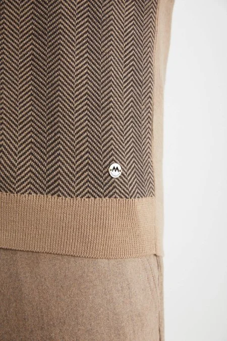 Herringbone Desen Camel Extrafine Merino Triko Yelek