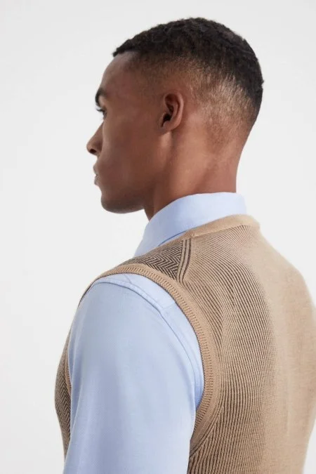 Herringbone Desen Camel Extrafine Merino Triko Yelek