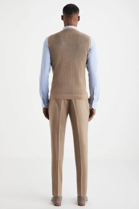 Herringbone Desen Camel Extrafine Merino Triko Yelek