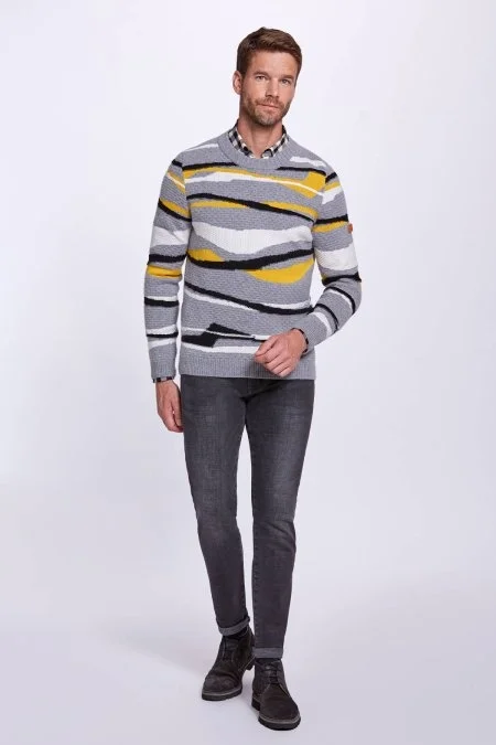 Çizgi Desen Gri Kaşmir Yün Karışım Kazak