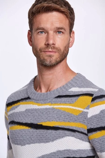 Çizgi Desen Gri Kaşmir Yün Karışım Kazak