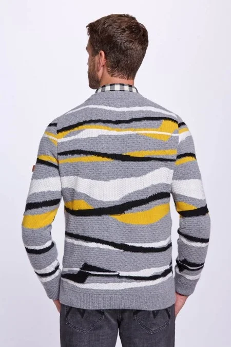 Çizgi Desen Gri Kaşmir Yün Karışım Kazak