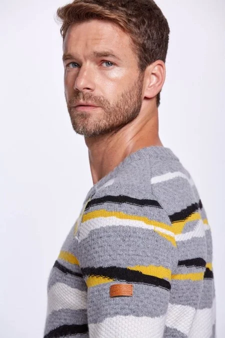 Çizgi Desen Gri Kaşmir Yün Karışım Kazak