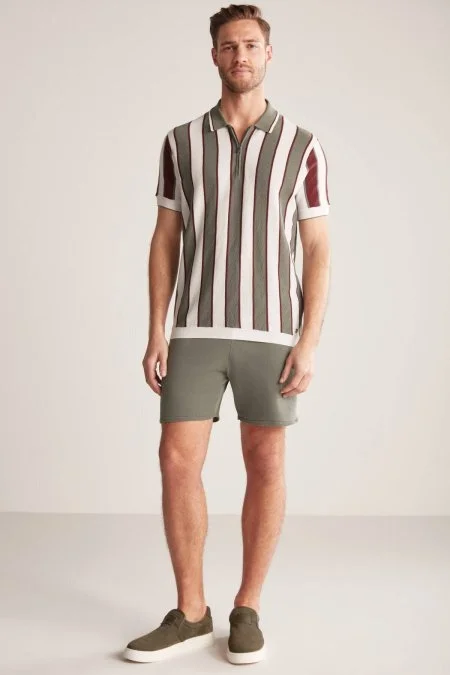 Çizgi Desen Haki-Beyaz Triko Polo