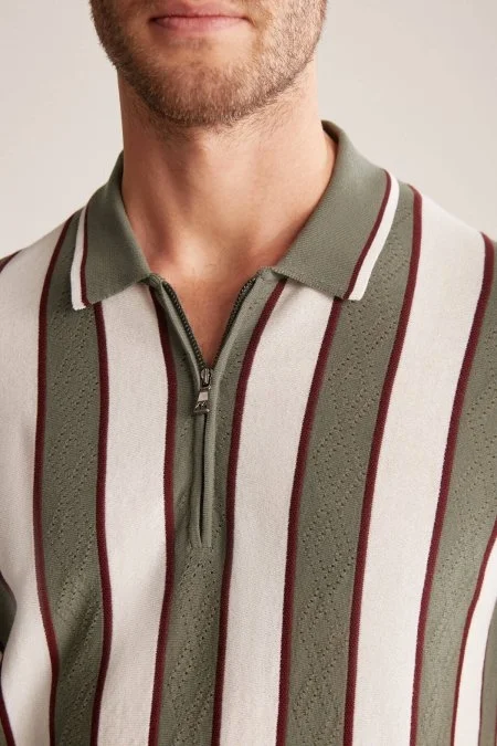 Çizgi Desen Haki-Beyaz Triko Polo