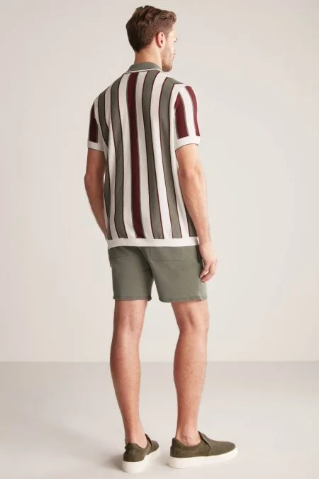 Çizgi Desen Haki-Beyaz Triko Polo