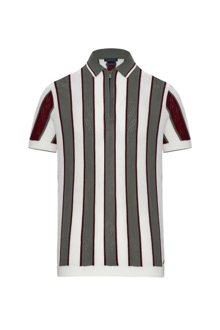 Çizgi Desen Haki-Beyaz Triko Polo