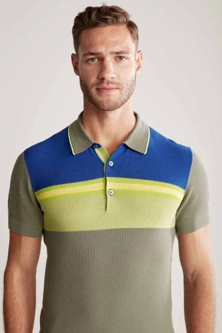 Çizgi Desen Haki Triko Polo