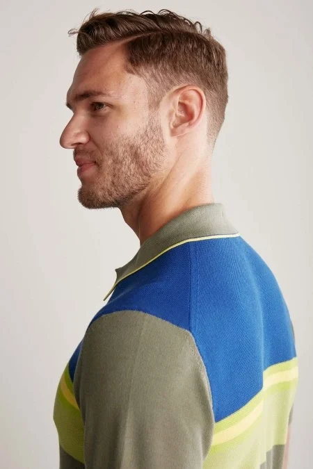 Çizgi Desen Haki Triko Polo