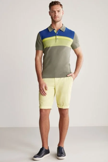 Çizgi Desen Haki Triko Polo