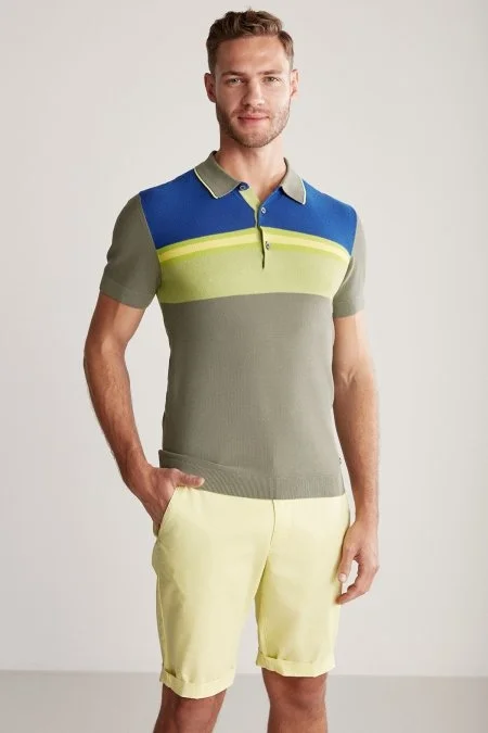 Çizgi Desen Haki Triko Polo