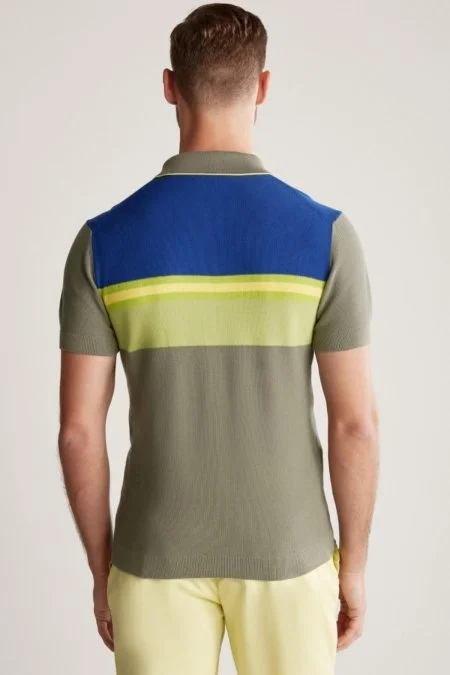 Çizgi Desen Haki Triko Polo