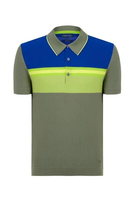 Çizgi Desen Haki Triko Polo