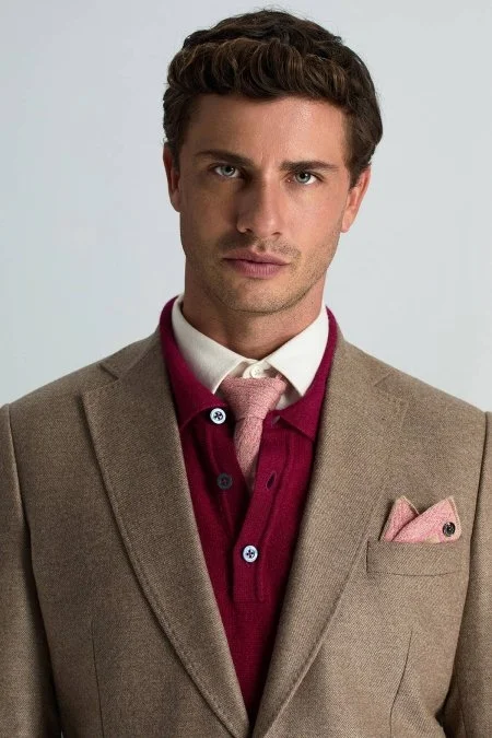 Çizgi Desenli İpek Karışım Camel-Pembe Örgü Kravat