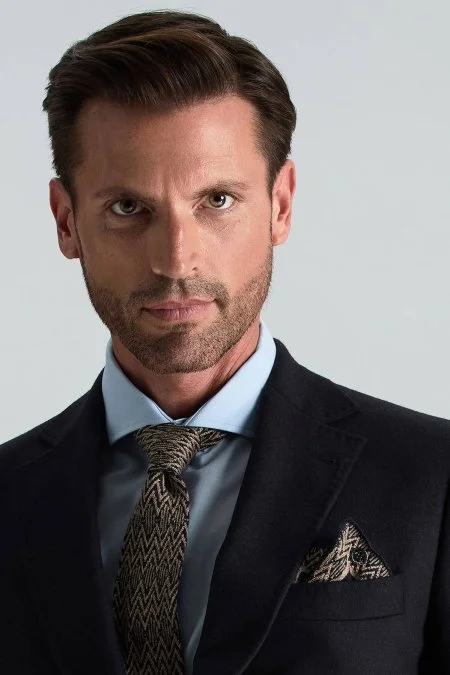 Çizgi Desenli İpek Karışım Lacivert-Bej Örgü Kravat