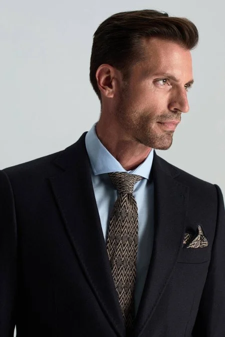 Çizgi Desenli İpek Karışım Lacivert-Bej Örgü Mendil