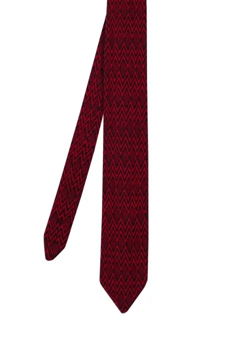 Çizgi Desenli İpek Karışım Siyah-Kırmızı Örgü Kravat