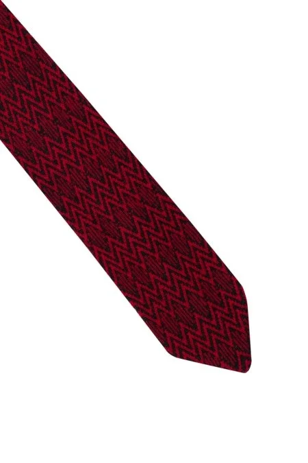 Çizgi Desenli İpek Karışım Siyah-Kırmızı Örgü Kravat