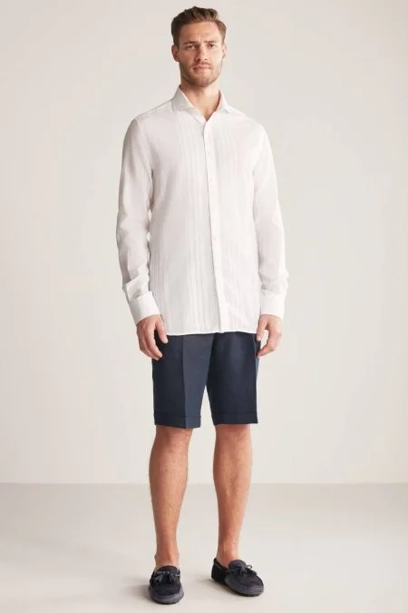 Çizgi Desen İtalyan Yaka Saf Pamuk Beyaz Gömlek