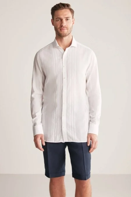 Çizgi Desen İtalyan Yaka Saf Pamuk Beyaz Gömlek
