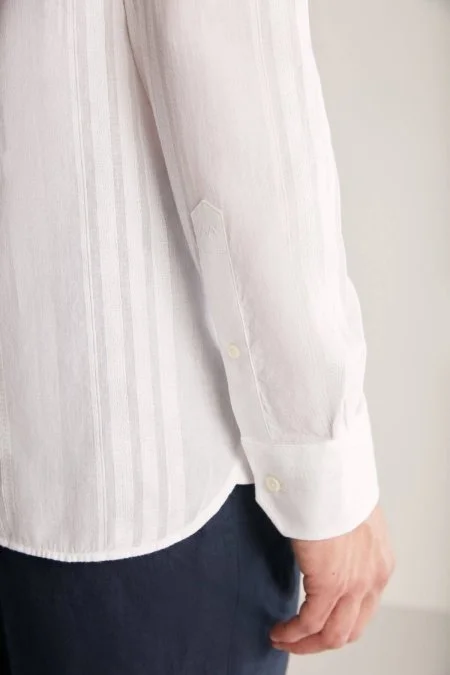 Çizgi Desen İtalyan Yaka Saf Pamuk Beyaz Gömlek