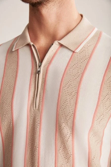 Çizgi Desen Krem Rengi-Beyaz Triko Polo