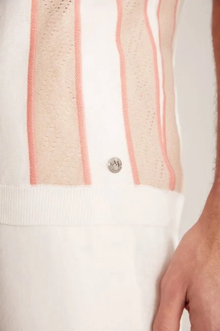 Çizgi Desen Krem Rengi-Beyaz Triko Polo