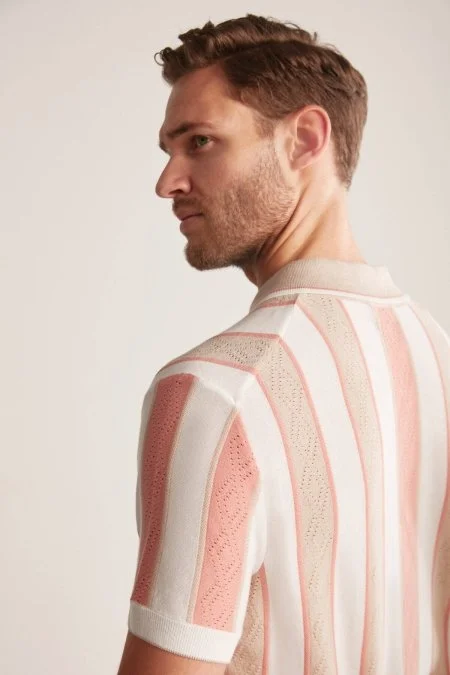 Çizgi Desen Krem Rengi-Beyaz Triko Polo