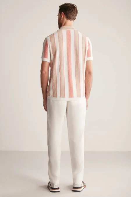 Çizgi Desen Krem Rengi-Beyaz Triko Polo