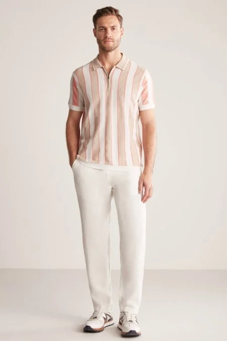 Çizgi Desen Krem Rengi-Beyaz Triko Polo