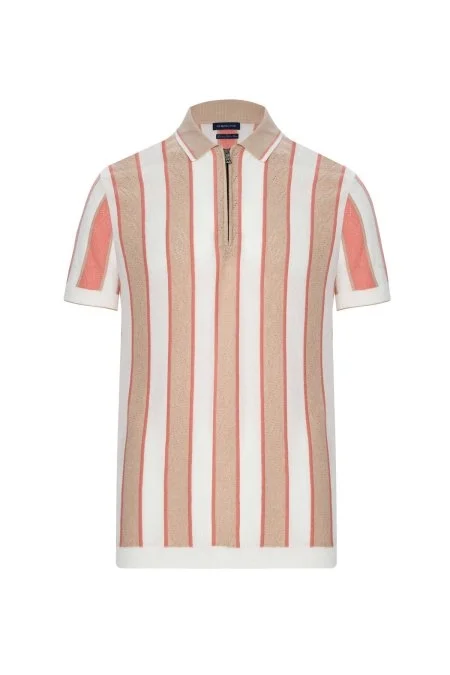 Çizgi Desen Krem Rengi-Beyaz Triko Polo