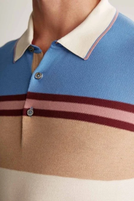 Çizgi Desen Krem Rengi Triko Polo