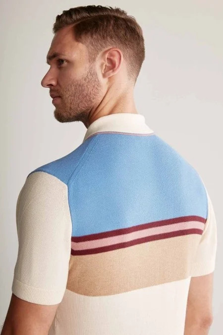 Çizgi Desen Krem Rengi Triko Polo