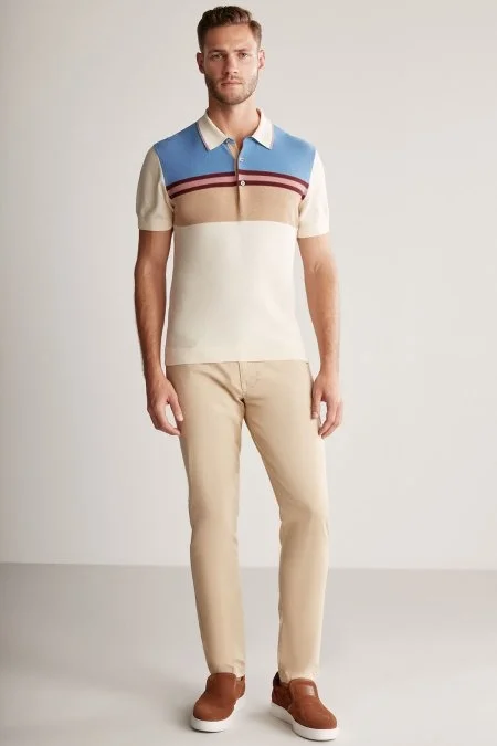 Çizgi Desen Krem Rengi Triko Polo