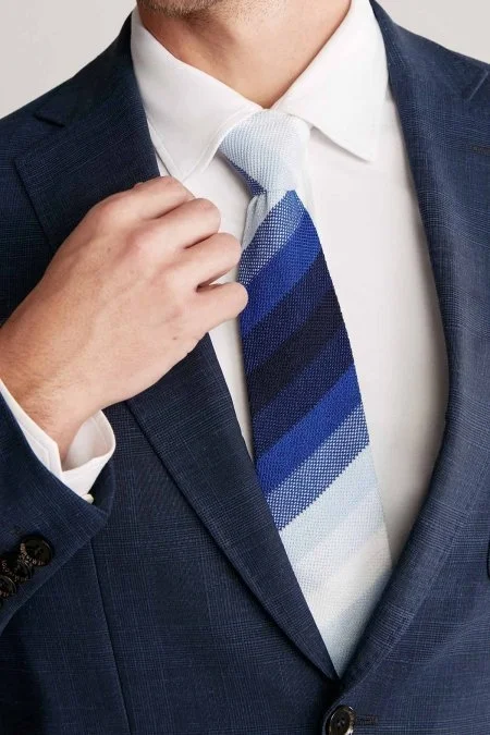 Çizgi Desen Lacivert Beyaz Örgü Kravat