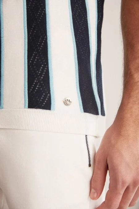 Çizgi Desen Lacivert-Beyaz Triko Polo