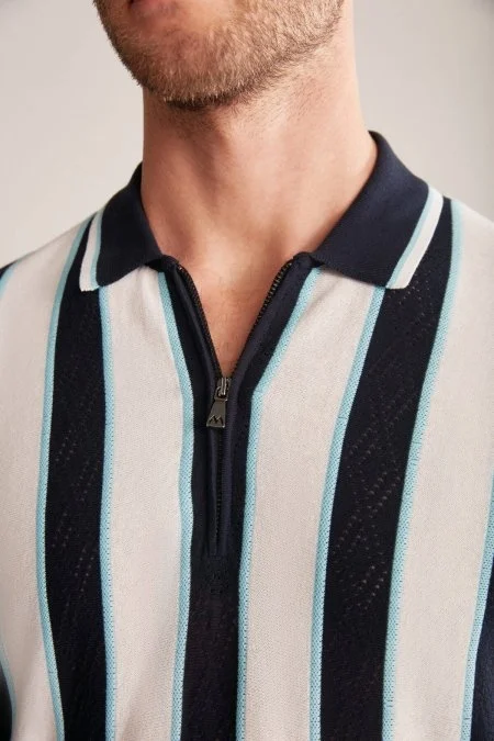 Çizgi Desen Lacivert-Beyaz Triko Polo