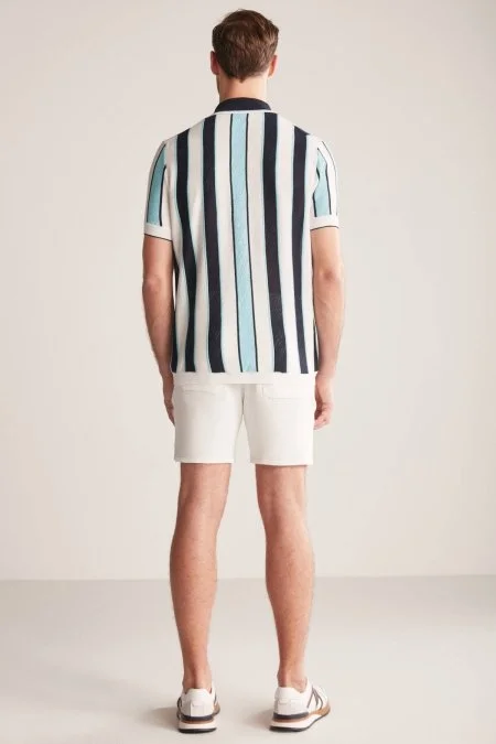 Çizgi Desen Lacivert-Beyaz Triko Polo