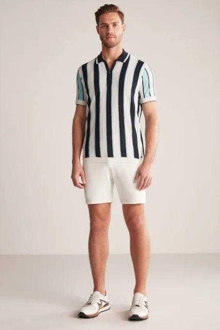 Çizgi Desen Lacivert-Beyaz Triko Polo