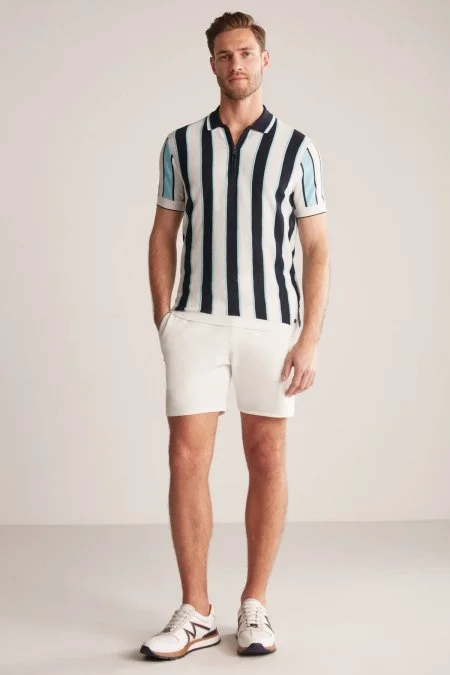 Çizgi Desen Lacivert-Beyaz Triko Polo