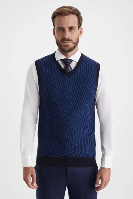 Çizgi Desen Lacivert Lambswool Yün Triko Süveter