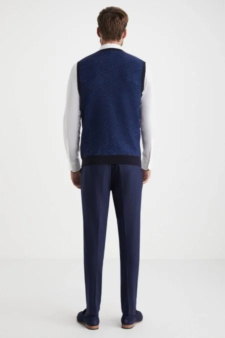 Çizgi Desen Lacivert Lambswool Yün Triko Süveter