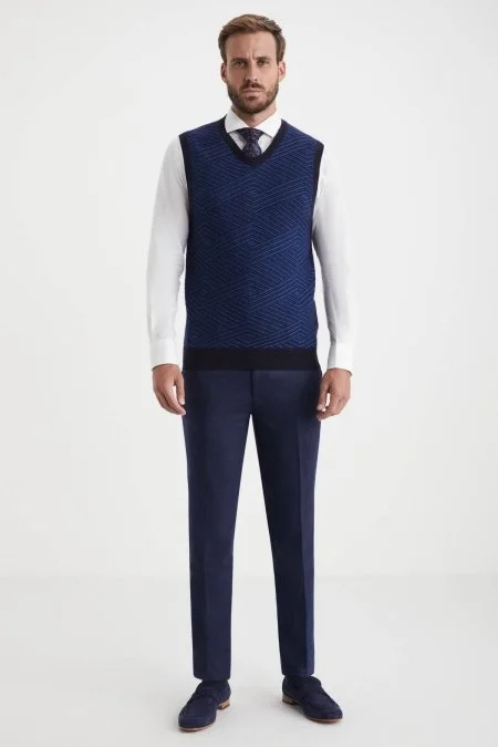 Çizgi Desen Lacivert Lambswool Yün Triko Süveter