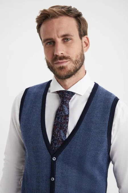 Herringbone Desen Lacivert Extrafine Merino Triko Yelek