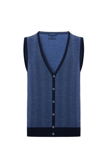 Herringbone Desen Lacivert Extrafine Merino Triko Yelek