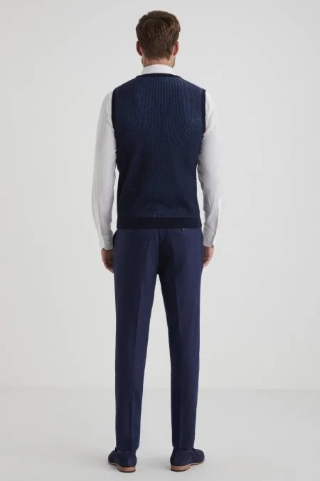 Herringbone Desen Lacivert Extrafine Merino Triko Yelek