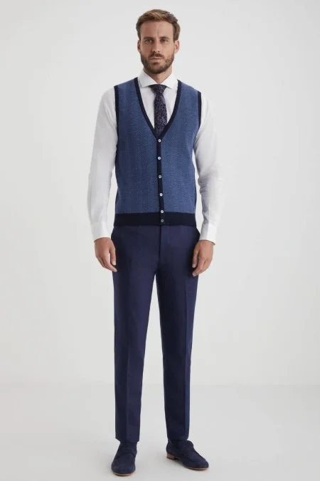 Herringbone Desen Lacivert Extrafine Merino Triko Yelek