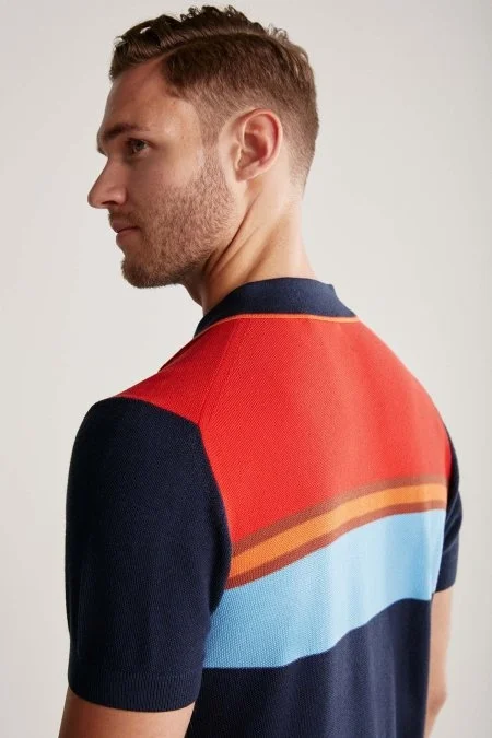 Çizgi Desen Lacivert Triko Polo