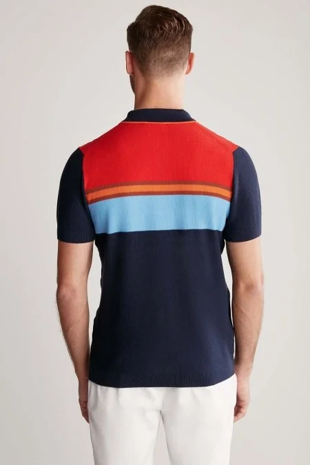 Çizgi Desen Lacivert Triko Polo