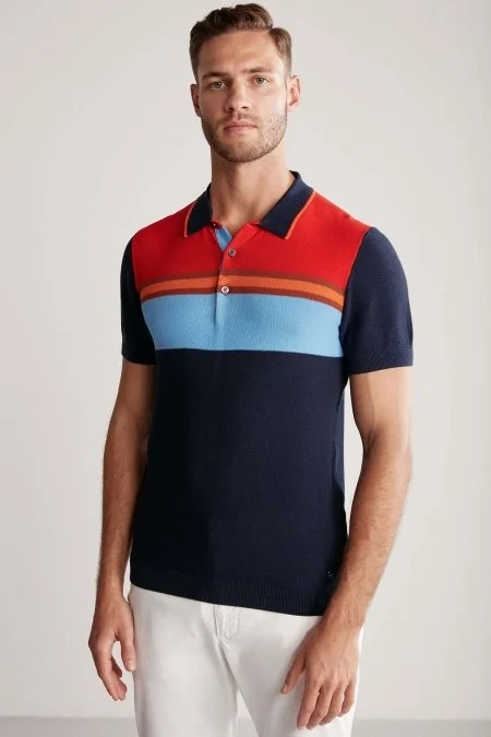 Çizgi Desen Lacivert Triko Polo